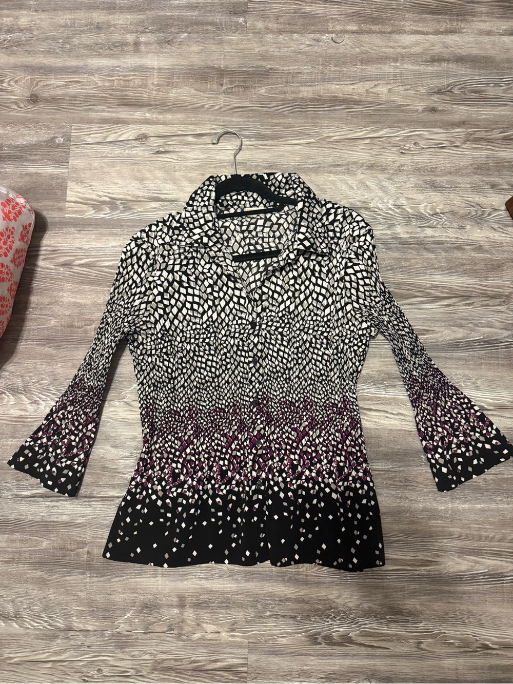 Black & White Patterned Women's Collared Top with Purple Accent